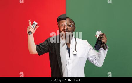 Kreative Collage. Zusammengesetztes Bild von zwei Hälften des Körpers von Arzt und Friseur isoliert auf rotem und grünem Hintergrund. Konzept der Beschäftigung Stockfoto
