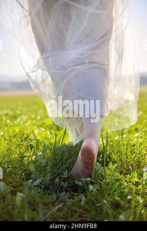 Junge schöne lange schwarze Haare asiatische Frau trägt ein lila romantisches Kleid stehen in einem hinterleuchteten Grasfeld Stockfoto