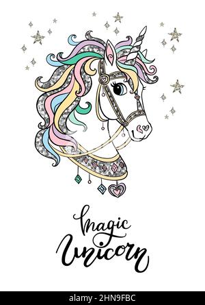 Niedliche Cartoon Einhorn-Porträt mit silbernen funkeln Haupt, Sterne und Regenbogen auf weißem Hintergrund. Magisches Einhorn - Schriftzug Zitat. Poster, Aufkleber, Desi Stock Vektor