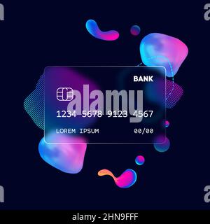 Vorlage für Kreditkarte mit Glasmorphismus. Rechteck aus transparentem Kunststoff mit Unschärfe-Effekt. Flüssige Formen Morphismus abstrakte Kunst Stock Vektor