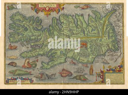 Ortelius' ikonische Landkarte von Island, gefüllt mit Meeresmonstern, mythischen Tieren und unnatürlichen Kuriosen, die nur in Träumen zu finden sind. Hohe Qualität. HAUPTNIEDERLASSUNG 1585 Jahre Stockfoto