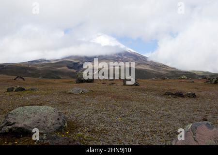 Blick auf den Vulkan Cotopaxi, mit vulkanischem Gestein im Vordergrund. Cotopaxi-Nationalpark, Ecuador Stockfoto