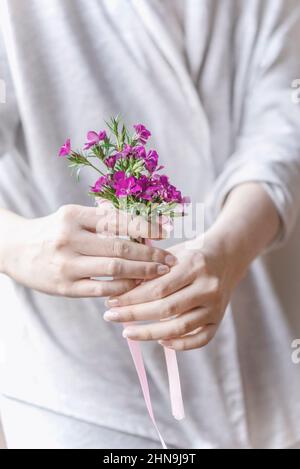 Junge Frau hält lila Blumen mit rosa Band, Nahaufnahme, Stillleben Fotografie Stockfoto