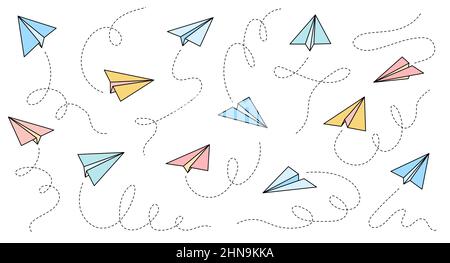 Vektorsymbol für Papierflugzeuge. Doodle Outline Stil Farbe Papier Flugzeug. Einfache Origami bunte Flugzeug-Element. Zeichnung Doodle Vektor Illustration. Stock Vektor