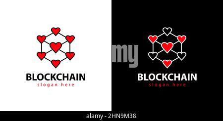 Virtuelles Netzwerk von roten Herzen. Blockchain-Logo-Konzept Stock Vektor