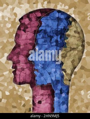 Schizophrenie männlichen Kopf Silhouette. Illustration mit drei stilisierten männlichen Köpfen auf Grunge-Textur, die Schizophrenie-Depression, bipolare Diso symbolisiert Stockfoto