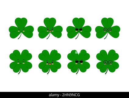 Niedliche Kleeblätter Kinder Maskottchen gesetzt isoliert auf weißem Hintergrund grün Glück vier Blatt Kleeblatt und Kleeblatt Kleeblatt. Stock Vektor