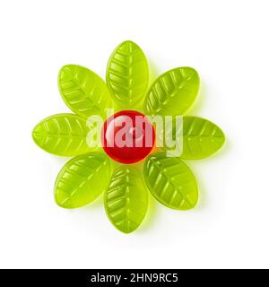 Kaubonblüte von rot-grünen Farben isoliert auf weißem Hintergrund. Leckere Gummibonbons in einer Blumenform Ausschnitt angeordnet. Süßigkeiten aus Fruchtsaft Stockfoto
