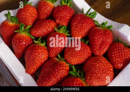 Nahaufnahme von gestapelten Erdbeeren in einem weißen Korb, die auf dem koreanischen Bauernmarkt gekauft wurden Stockfoto