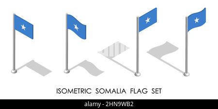 Isometrische Flagge SOMALIAS in statischer Position und in Bewegung auf Fahnenmast. 3D Vektor Stock Vektor