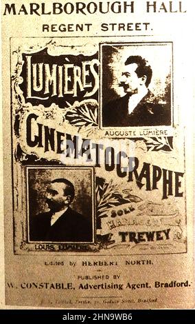 1900 - Plakat für das erste echte Bildtheater in der Marlborough Hall, Polytechnic Institute, Regent Street, London, UK für Auguste Lumieres & Louis Lumiere (alleiniger Manager Trewey). Es bestand aus einer Reihe von Kurzfilmen, begleitet von einem Commentry von der Bühne.die erste Vorführung des Programms war am 20th 1896. Februar. Stockfoto