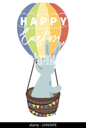 Vektor-Illustration von Hase auf einem Ballon. Frohe Ostern Grüße Text. Design für Web, Website, Banner, Poster, Karte, Papierdruck, Postkarte, Flyer Stock Vektor