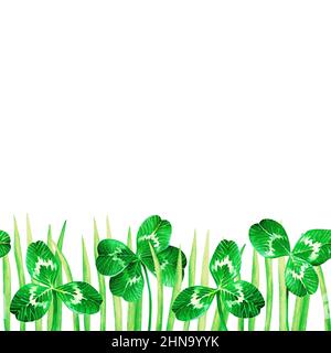 Ein nahtloses Banner aus Kleeblatt. St. Patrick's Day. Aquarelldarstellung. Isoliert auf weißem Hintergrund. Für das Design. Stockfoto