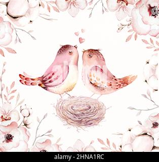 Sammlung kleine niedliche Vögel im Vintage Aquarell Stil. Illustration mit bunten Blumen auf Ästen Baum. Stockfoto