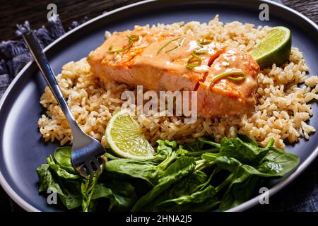 Nahaufnahme einer Portion pochierter Lachs in Kokos-Limetten-Sauce mit braunem Reis und frischem Spinat, Lachsfisch-Surryo mit Reis und Gemüse auf einem Teller, Ansicht Stockfoto