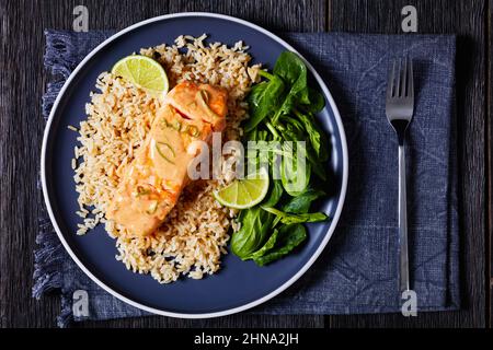 Lachs in Kokosnusskalk-Sauce mit braunem Reis und frischem Spinat, Lachsfisch-Limette mit Reis und Gemüse auf einer Plate Stockfoto