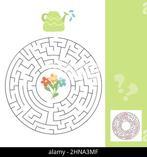 Ein Puzzle-Spiel für Kinder. Gehen Sie durch das Labyrinth, Gießkannen und Blumen. Vektor auf weißem Hintergrund isoliert. Labyrinth-Spiel mit Antwort Stock Vektor