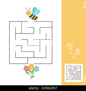 Labyrinth Puzzle für Kinder. Hilf der Biene, Blumen zu finden. Aktivitätsblatt für Kinder. Lernspiel. Arbeitsblatt zum Thema Insekten Stock Vektor