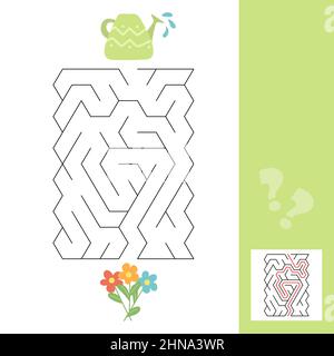 Ein Puzzle-Spiel für Kinder. Gehen Sie durch das Labyrinth, Gießkannen und Blumen. Vektor auf weißem Hintergrund isoliert. Labyrinth-Spiel mit Antwort Stock Vektor