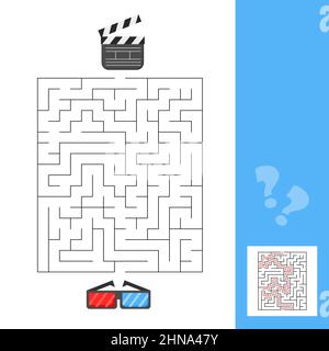 3D Gläser und Film Klappbrett Labyrinth-Spiel für Kinder. Verbinden Sie Elemente, indem Sie den richtigen Weg finden. Spiel für Kinder mit Lösung Stock Vektor