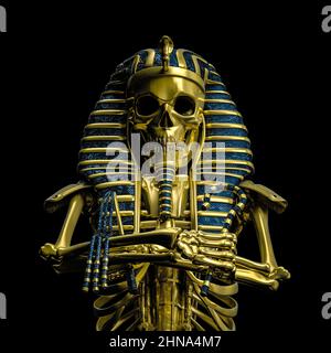 Gold pharao Skelett - 3D Illustration von gruseligen bösen goldenen metallischen mumifizierten ägyptischen König isoliert auf schwarzem Hintergrund Stockfoto