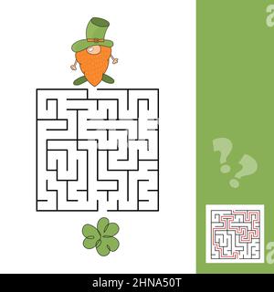 Quadratisches Labyrinth. Spiel für Kinder. Kobold und Kleeblatt. Puzzle für Kinder. Labyrinth-Rätsel mit Antwort. Darstellung von Farbvektoren Stock Vektor