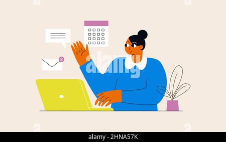 Frau in verschiedenen Aktivitäten des Online-Geschäfts, Kommunikation, Marketing. Freiberuflicher Mitarbeiter. Multitasking, Zeitmanagement und Produktivitätskonzept Stock Vektor