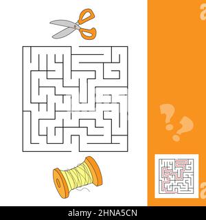 Labyrinth, Labyrinth-Spiel. Pädagogisches Spiel für Kinder. Cartoon-Faden und Schere. Einfaches Spiel für Kinder mit Antwort Stock Vektor