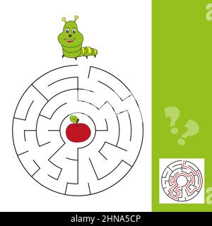 Maze Puzzle für Kinder mit Raupe und Apfel. Labyrinth-Illustration, Lösung im Lieferumfang enthalten. Einfaches Spiel für Kinder mit Antwort Stock Vektor