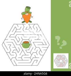 Labyrinth-Spiel für Kinder. Hilf dem Gnome Leprechaun, seinen Weg in den Topf mit Gold zu finden. Spiel für Kinder mit Antwort Stock Vektor