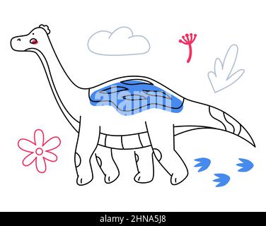Brachiosaurus Dino - Linie Design Stil Illustration mit editierbarer Kontur. Lustige Bilder von Dinosauriern mit langem Hals. Jurassic Welt. Entdecken Sie Tiere Stock Vektor