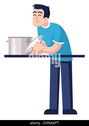 Zufrieden Mann Vorbereitung Suppe in Topf semi flach RGB-Farbe Vektor Illustration Stock Vektor