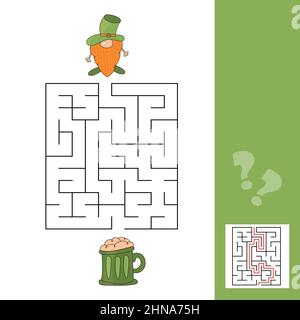 Labyrinth-Spiel für Kinder. Helfen Sie dem roten Kobold, seinen Weg zum grünen Bier zu finden. Einfaches Spiel für Kinder mit Antwort Stock Vektor