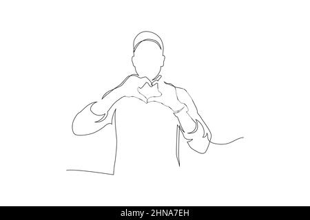 Junger Geschäftsmann trägt elegant in der Liebe tun Herz Symbol Form mit Händen kontinuierliche Linienzeichnung. Vektorgrafik. Stock Vektor