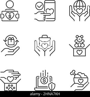 Spenden an mehrere Wohltätigkeitsorganisationen Pixel perfekte lineare Symbole gesetzt Stock Vektor