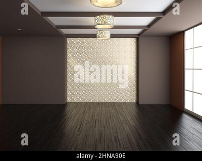 Raumkonzept mit leerer Einrichtung und großem Fenster vom Boden bis zur Decke. Mit dunklem Parkett, braunen und orangefarbenen Wänden, dekorativer Wandnische und Deckenleuchtern. Stockfoto