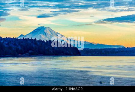 Ein Blick auf Mount Rainier von Burien, Washington bei Sonnenuntergang. Abbildung auf dem Foto. Stockfoto