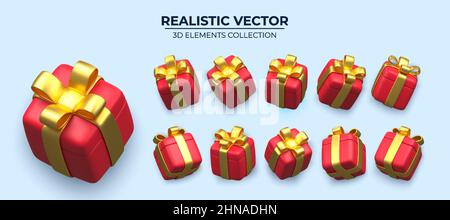 Set von realistischen roten Geschenkboxen auf einem blauen Hintergrund isoliert. 3D Illustration von sprießend roten Geschenkschachteln mit goldenen Schleifen und Bändern, Dekorativ 3D Render Objekt realistisches Vektor-Dekor Stock Vektor