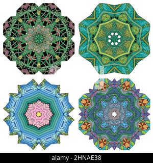 Handgemaltes Kunstdesign. Farbe handgezeichnete Illustration Set von 4 Mandalas für die Dekoration Stock Vektor
