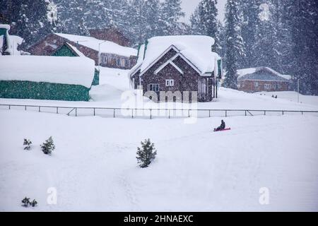 Gulmarg, Indien. 15th. Februar 2022. Ein Mann genießt eine Schlittenfahrt während eines Schneefalls in Gulmarg, Kaschmir. Kredit: SOPA Images Limited/Alamy Live Nachrichten Stockfoto