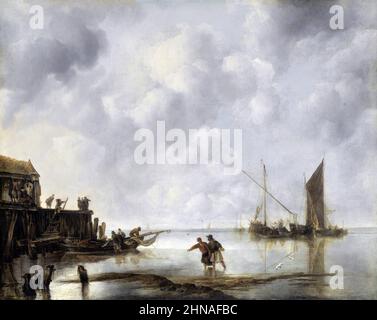 Fischerboote in Ruhe vom niederländischen Künstler des Goldenen Zeitalters, Jan van de Cappelle (1626-1679), Öl auf Leinwand, 1651 Stockfoto