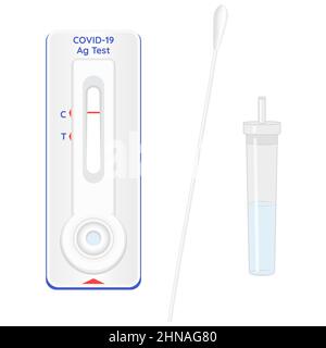 Covid-19 Rapid Antigen Test. Coronavirus-Probe im Lysepuffer austauschen, mit Reagenzien Streifen, Ergebnis mit Antigen-Molekülen. Vektorgrafik. Stock Vektor