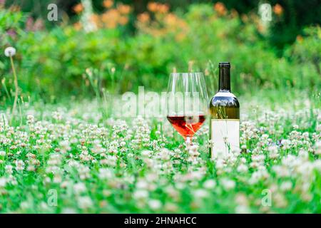 Geöffnete Flasche Wein in der Nähe von Glas mit rosa, rot, portwein, madeira Wein auf Gras Stockfoto
