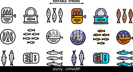 Sardinensymbole setzen den Umrissvektor. Portugal Food flat Icons. Bearbeitbare Kontur. Vector Portugiesische nationale Lebensmittel, Meeresfrüchte Produktverpackung. Dosenanchov Stock Vektor