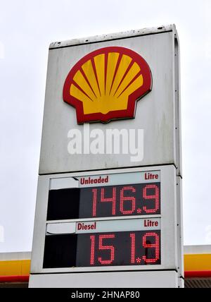 Shell Tankstellenschild und Logo mit Preisen Februar 2022, UK Stockfoto