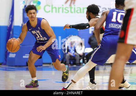 Wilmington, DE, USA. 12th. Februar 2022. Delaware Bluecoats Wache JADEN SPRINGER (11) dribbelt während eines Basketball-Spiels der G-League zwischen den Delaware Blue Coats und den Raptors 905 am Samstag, den 12. Februar 2022, im Chase Fieldhouse in Wilmington, DE (Bildnachweis: © Saquan Stimpson/ZUMA Press Wire) Stockfoto