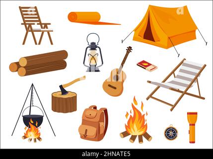 Vektor-Set von Symbolen, Symbolen und Elementen der touristischen Ausrüstung. Zelt, Axt, Stuhl, Liege, Topf über dem Feuer, Rucksack, Taschenlampe. eps 10 Stock Vektor