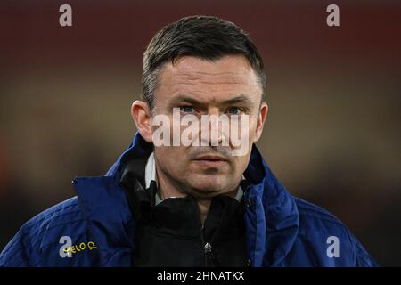 Sheffield, Großbritannien. 15th. Februar 2022. Paul Heckingbottom Manager von Sheffield United während des Spiels in Sheffield, Großbritannien am 2/15/2022. (Foto von Craig Thomas/News Images/Sipa USA) Quelle: SIPA USA/Alamy Live News Stockfoto