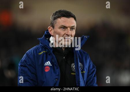 Sheffield, Großbritannien. 15th. Februar 2022. Paul Heckingbottom Manager von Sheffield United während des Spiels in Sheffield, Großbritannien am 2/15/2022. (Foto von Craig Thomas/News Images/Sipa USA) Quelle: SIPA USA/Alamy Live News Stockfoto