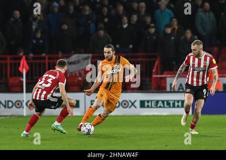 Sheffield, Großbritannien. 15th. Februar 2022. Lewis Coyle #2 von Hull City Breaks in Sheffield, Großbritannien am 2/15/2022. (Foto von Craig Thomas/News Images/Sipa USA) Quelle: SIPA USA/Alamy Live News Stockfoto